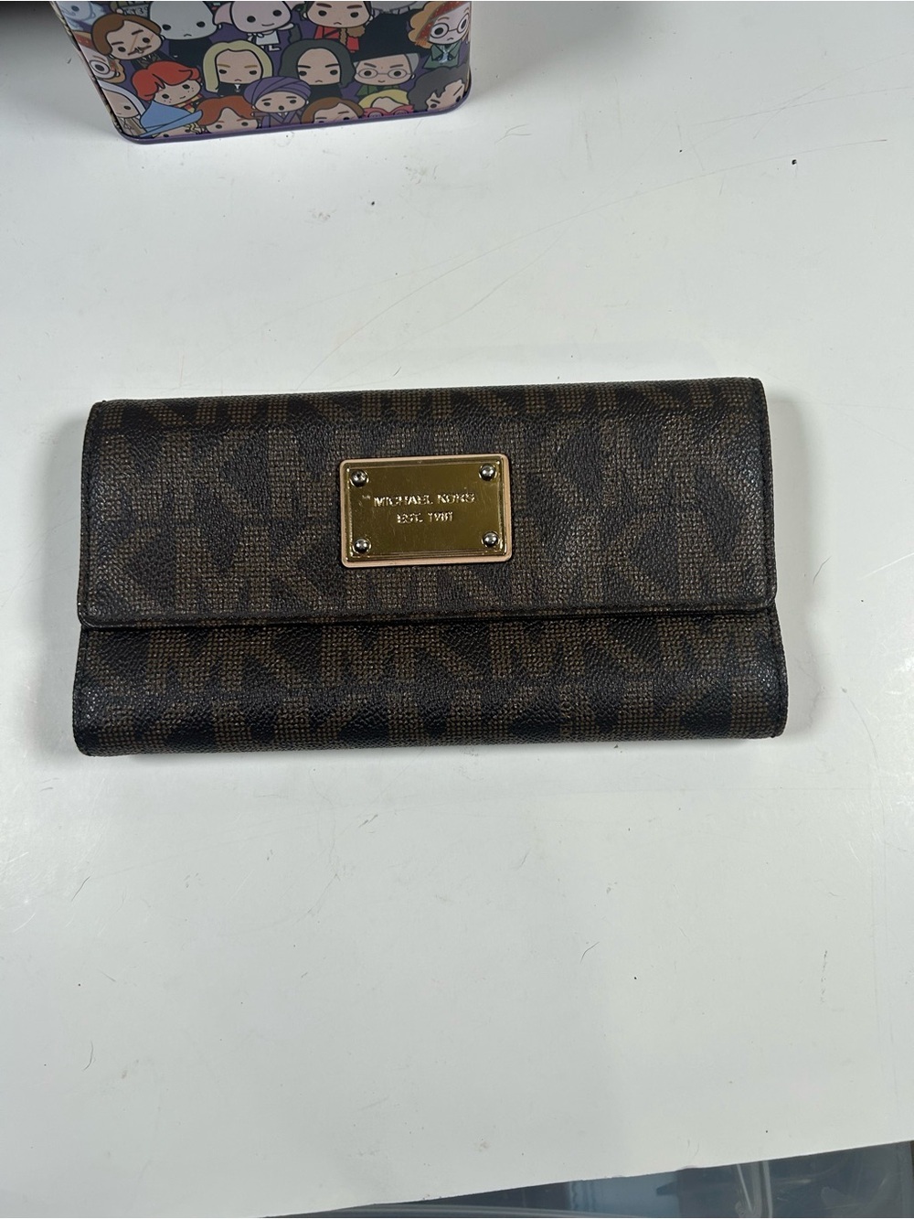 Michael Kors Brown Logo Continental Card Holder with Gold Plate